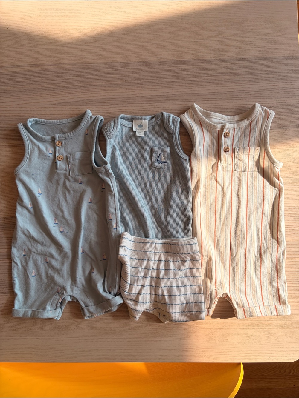 cloud island blue and cream striped baby rompers set